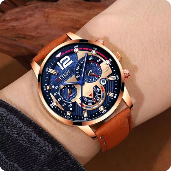 Gift 2PCS Set Fashion Men Watch W/Bracelet Luxury Business Casual Leather Strap - Picture 2 of 6